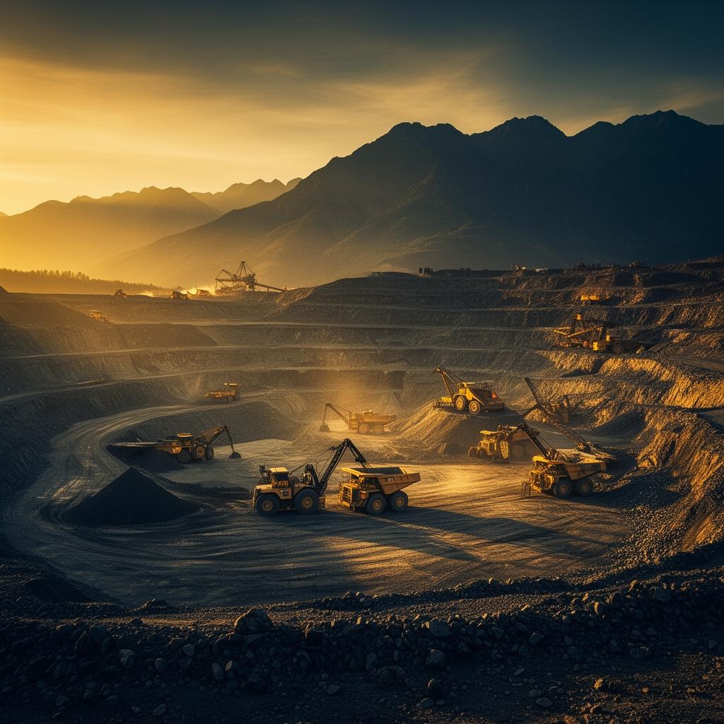 Goldmine im Tagebau mit Schwerlastfahrzeugen bei goldenem Sonnenuntergang – symbolisch für Mining-Investments
